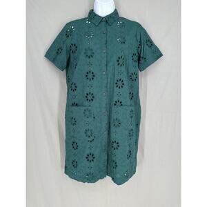 Loft Dress Womens 2 Green Mini Eyelet Floral Button Cottage Boho Cotton Pockets